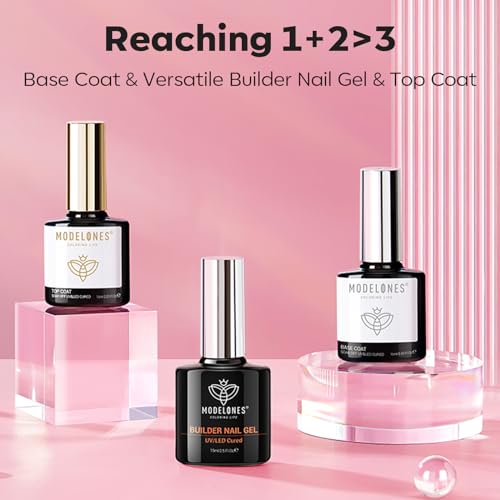 modelones Builder Nail Gel with Gel Base and Top Coat, Nude Pink Color Builder Nail Kit for Apex Building Thickening Extension, LED Lamp Cured Color Base Shine Finish Top Coat 10ml Home DIY Salon