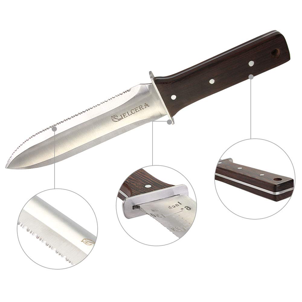 CIELCERA 12" Hori Hori Garden Knife with FREE Diamond Sharpening Rod, Stainless Steel Blade with Protective Handguard and Full Tang Handle, Comes with Thick Sheath and Gift Box