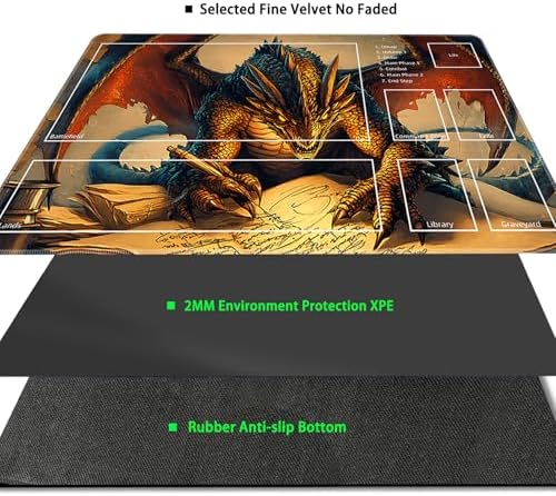 MTG Playmat with Zones Magic Card Playmat Game Mat,TCG & CCG Card Games Mat with Free Storage Bags Size 24 x 14 Inches (with Zones,Dragon)