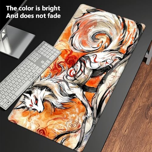 Playmats for Magic: The Gathering MTG Card Game Mat Plus 50 Pcs Card Sleeves, 24 x 14 inch TCG Mat with Stitched Edge for Commander Deck Duskmourn Board Game, Ookami Fox