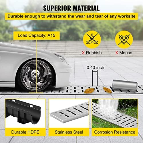 VEVOR Trench Drain System, Channel Drain with Metal Grate, 5.9x5.1-Inch HDPE Drainage for Garage Floors, Black Plastic Trench with End Caps, 3x39 Grate - 3 Pack