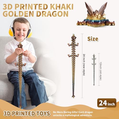 Large 3D Printed Dragon,24 Inch 3D Dragon Toys,Bigger Fidget Crystal Animals Toys, 3D Printed Articulated Animals for Home Office Car Desk Decor (Khaki Gold, 24 inch)