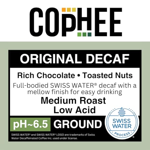 Low Acid Coffee - Decaf - Ground Medium Roast - Smooth Non-GMO Arabica Coffee - Electrolyte Infused for Sensitive Stomachs, Acid Reflux, and Heartburn ~pH 6.5-12 oz Original Decaf by COpHEE