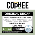 Low Acid Coffee - Decaf - Ground Medium Roast - Smooth Non-GMO Arabica Coffee - Electrolyte Infused for Sensitive Stomachs, Acid Reflux, and Heartburn ~pH 6.5-12 oz Original Decaf by COpHEE
