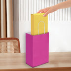 Oikss 100 Pack 5.25x3.25x8.25 Inch Small Hot Pink Kraft Paper Bags with Handles Bulk for Birthday Wedding Party Favors Grocery Retail Shopping Business Goody Craft Gift Bags Sacks (Fuchsia 100 Count)