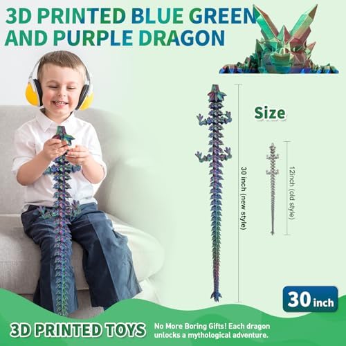 Large 3D Printed Dragon,30 Inch 3D Dragon Toys,Bigger Fidget Crystal Animals Toys, 3D Printed Articulated Animals for Home Office Car Desk Decor(Blue Green Purple)
