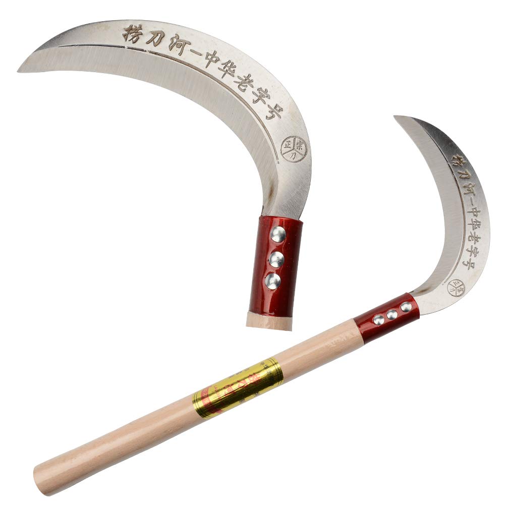 Steel Grass Sickle,Clearing Sickle,Manganese Steel Blade/Hardwood Handle Hand held Sickle Tool - Multipurpose Gardening Weeding Grass Sickle and Farming Portable Safety Sickle