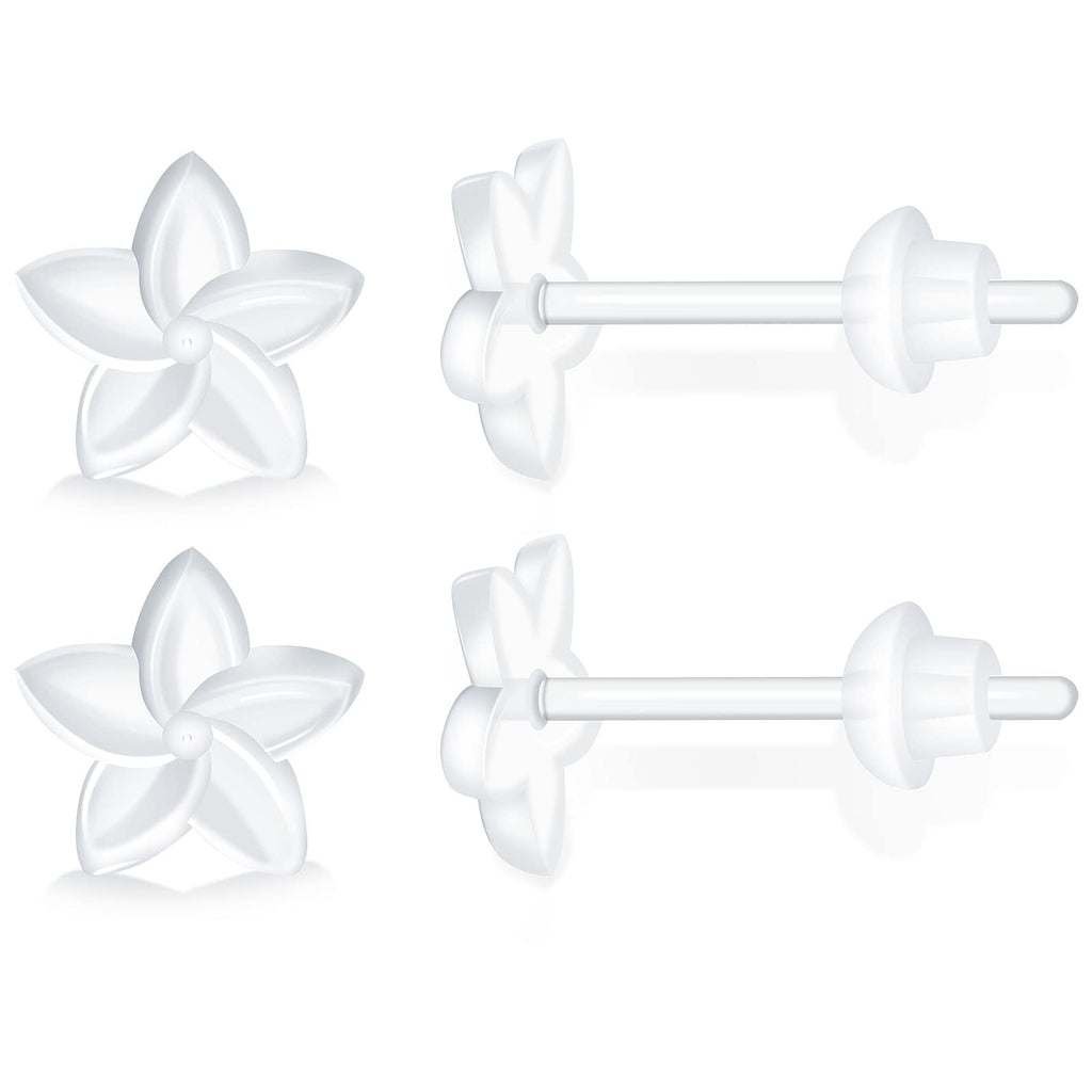 MRI Safe Clear Plastic Earrings for Surgery & Sports, Hypoallergenic Medical Grade Earrings for Sensitive Ears, 20G Silicone Retainer Studs for Women Men - 6 Pairs (Plumeria Flower Design)