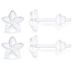 MRI Safe Clear Plastic Earrings for Surgery & Sports, Hypoallergenic Medical Grade Earrings for Sensitive Ears, 20G Silicone Retainer Studs for Women Men - 6 Pairs (Plumeria Flower Design)
