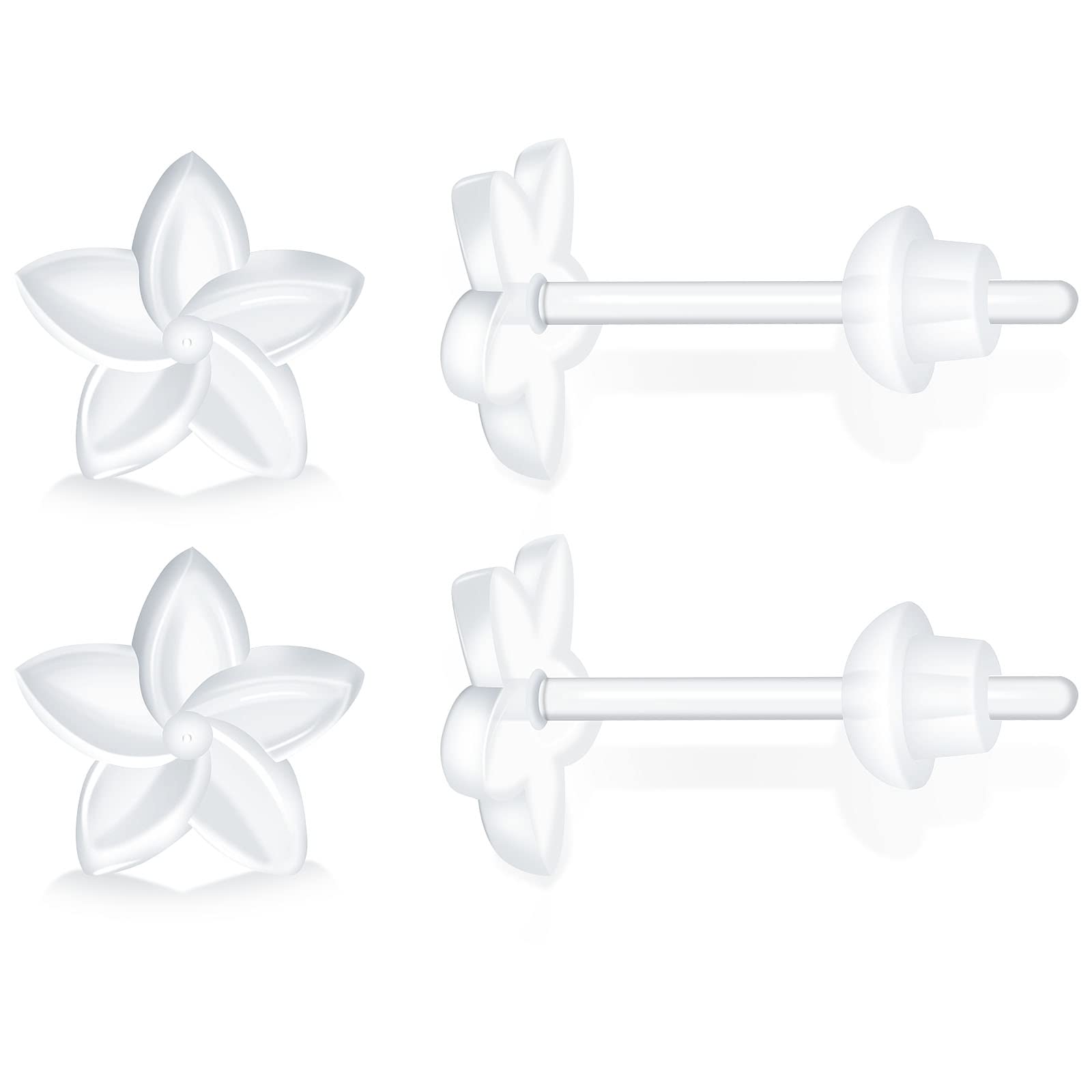 MRI Safe Clear Plastic Earrings for Surgery & Sports, Hypoallergenic Medical Grade Earrings for Sensitive Ears, 20G Silicone Retainer Studs for Women Men - 6 Pairs (Plumeria Flower Design)