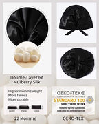 ZIMASILK 100% 22 Momme Mulberry Silk Bonnet for Sleeping, Double-Layer Silk, Natural Silk Hair Wrap for Hair Care with Elastic & Tie Band Stay On Head (1Pc, Black)