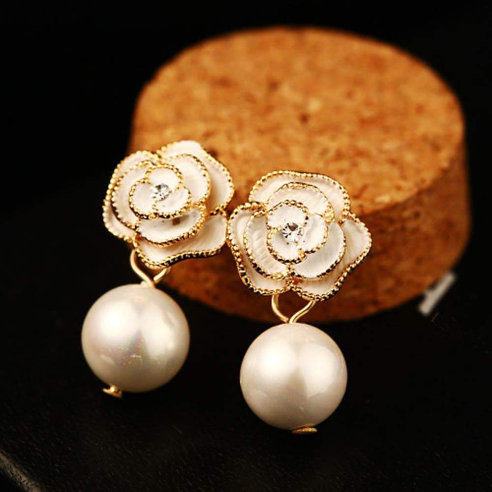 Fashion Design Faux Pearl Charm Flower Dangle Drop Earrings Studs For Women (White)