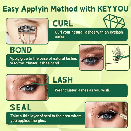 Lash Clusters 3D Effect Eyelash Clusters KEYYOU 144pcs D Curl 10mm Wispy Lashes Fluffy Cluster Lashes Natural Soft DIY Lash Extension(Radiance-D-10)