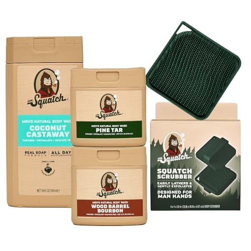 Dr. Squatch NEW Natural Body Wash for Men - Non-Exfoliating - Coconut Castaway (14 oz) + Wood Barrel Bourbon + Pine Tar (8 oz, 2 Pack) + Body Scrubber