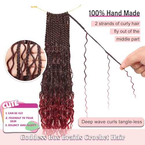 Boho Box Braids Crochet Hair for Women 18 Inch 7 Packs Red Burgundy Goddess Box Braids with Curly Ends Short Crochet Braids Pre Looped Bohemian Braiding Hair Extensions, 1B/Bug
