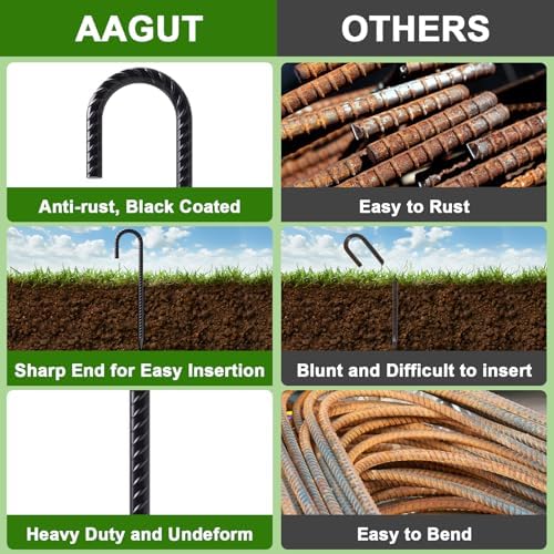 AAGUT 16 Inches 24 Pack Rebar Staks J Hook 3/8” Ground Stakes Heavy Duty with Chisel Point End for Camping Tent, Chain Link Fence, Outdoor Decorations, Inflatables, Black Coated