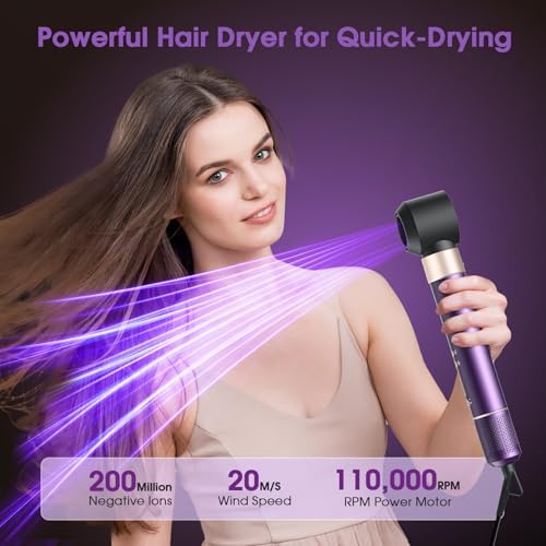 7 in 1 Blow Dryer Brush and Hair Dryer, Hot Hair Styler with Negative Ion 110,000 RPM Hair Straightener Brush for Fast Drying Straightening Curling Voluming, Suitable for All Types,Purple