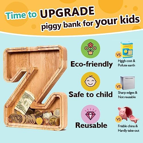 SummiDate Wooden Letter Piggy Bank| Piggy Bank for Boys Girls Toddler| Alphabet Z Money Bank| Coin Bank Birthday Gift for Kids|Birthday Gift for Kids (Z)