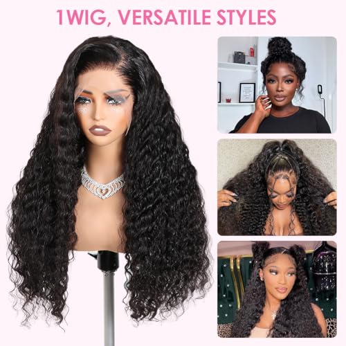 Hidden Strap 360 Glueless Lace Front Wigs Human Hair Pre Plucked Bleached Knots 180 Density Water Wave HD Lace Frontal Wig with Drawstring Curly Full LaceFront Wigs for Women(22 inch)