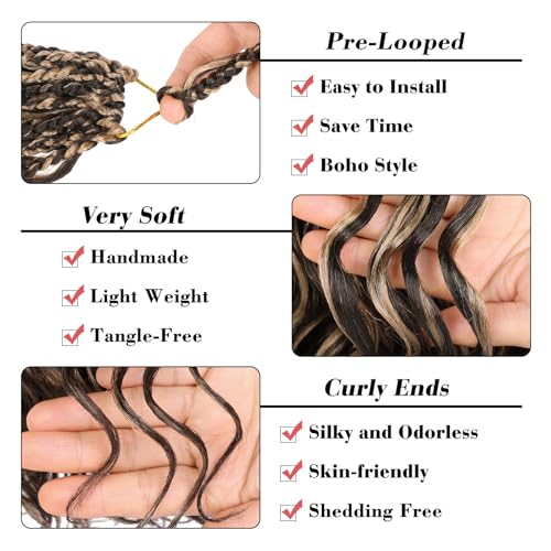 Leeven 14 Inch 8 Packs Short Curly Crochet Hair Pre Looped Boho Ocean Wave Crochet Hair Chocolate Brown Mix Honey Blonde Ocean Braids Pre Twisted Synthetic Deep Wavy Crochet Hair for Women