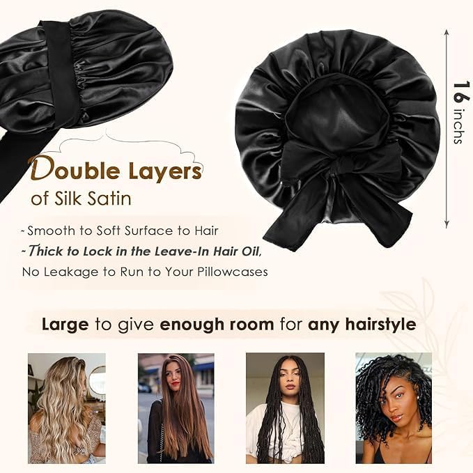 YANIBEST Silk Bonnet for Sleeping Women Satin Bonnet Double Layer Satin Lined Hair Bonnet with Tie Band Curly Hair