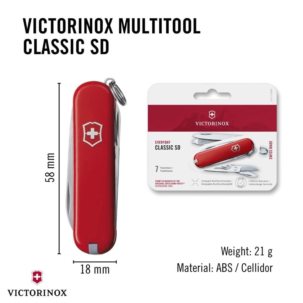 Victorinox Classic SD Swiss Army Knife, Compact, 7 Functions, Swiss Made Pocket Knife with Small Blade, Screwdriver and Key Ring - Style Icon (Red)