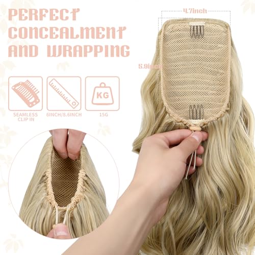 FELENDY 15" Ponytail Extension Drawstring Curly Wavy Ponytail Extensions Clip in Long Pony Tails Hair Cute Synthetic Piece for Women Light Blonde Mix Bleach Blonde