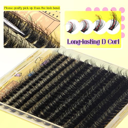 ALICE Fluffy Volume Lash Clusters Kit Lash Extension Kit Thick 3D Wispy DIY Eyelash Extension Kit with 220Pcs Mink Look Individual Lashes, Lash Bond and Remover,Tweezers(10-16mm,0.05D, D Curl)