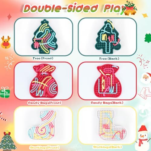 Christmas Sensory Activity Board Set, 3PCS Silicone Fidget Toy for ADHD and Autism, Sensory Toys with Christmas Tree, Stocking and Lucky Bag, Chirstmas Gifts for Kids 2+ with 54 Strings