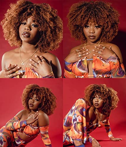 ANNISOUL 14Inch Short Curly Afro Wigs for Black Women Bomb Afro Kinky Curly Wig with Bangs Synthetic Fiber Full Wig(Black to Brown)