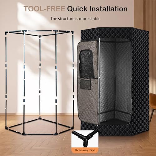 PEEKO Full Size Portable Personal Home Sauna, Pentagon Sauna Tent Sauna Box with 650nm Red Light Therapy, 3L Capacity 1200W Steamer, Pocketed Foldable Chair, Customized Sweat Mat with Remote Control
