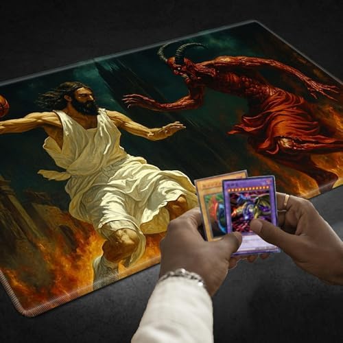 Playmats for Magic: The Gathering MTG Card Game Mat Plus 50 Pcs Card Sleeves, 24" x 14" TCG Mat with Stitched Edge for Commander Deck Duskmourn Board Game, Jesus Play Basketball with The Devil