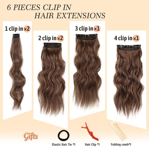 NAYOO Clip in Hair Extensions for Women 20 Inch Long Wavy Curly Chestnut Brown Hair Extension Full Head Synthetic Hair Extension Hairpieces(6PCS,Chestnut Brown)