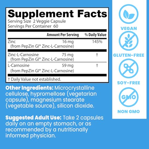 Doctor's Best PepZin GI, Zinc-L-Carnosine Complex for Men & Women - Zinc Carnosine Supplement Caps for Gut Health, Digestive Support, & Stomach Comfort, Vegan, Gluten Free - 120 Veg Capsules