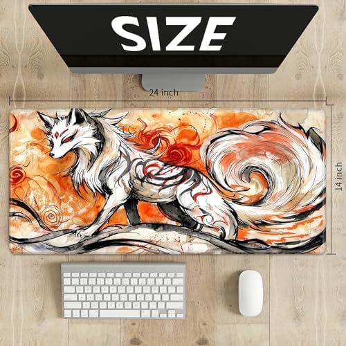 Playmats for Magic: The Gathering MTG Card Game Mat Plus 50 Pcs Card Sleeves, 24 x 14 inch TCG Mat with Stitched Edge for Commander Deck Duskmourn Board Game, Ookami Fox
