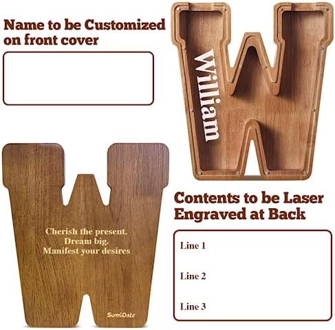 Summidate Customized Name Extra Large Wooden Piggy Bank for Kids Boys Girls Alphabets Letter A-Z Coins Bills Money Change Saving Box Clear Cover (Laser Engraved) Educational Toys 12"- Letter W