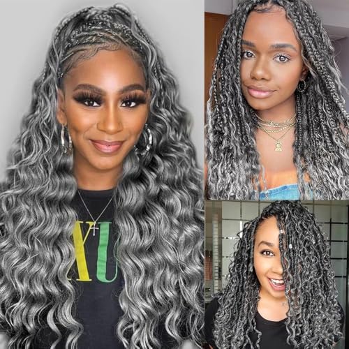 KRN Grey Braiding Hair Deep Wave Bulk Human Braiding Hair 2 Bundles/Pack 100g Curly Hair for Boho Braids 12A Salt And Pepper Braiding Human Hair No Weft Wet and Wavy Gray Braiding Hair 16Inch