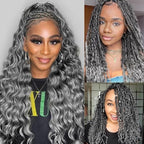 KRN Grey Braiding Hair Deep Wave Bulk Human Braiding Hair 2 Bundles/Pack 100g Curly Hair for Boho Braids 12A Salt And Pepper Braiding Human Hair No Weft Wet and Wavy Gray Braiding Hair 16Inch