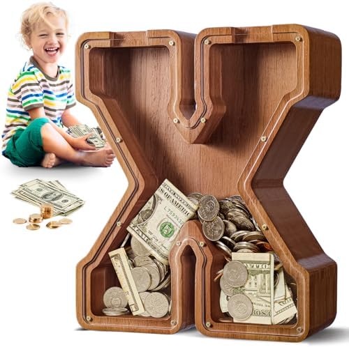 Summidate Large Wooden Piggy Bank for Kids Adults, Alphabets Letter A-Z Piggy Bank for Boys Girls, Coins Bills Change Bank Box Personalized Initial Name Kids Money Bank for Birthday Present and Decor