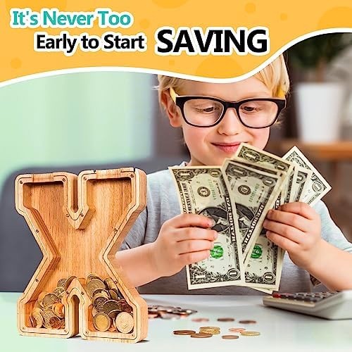 SummiDate Wooden Letter Piggy Bank| Piggy Bank for Boys Girls Toddler| Alphabet X Money Bank| Coin Bank Birthday Gift for Kids|Birthday Gift for Kids (X)
