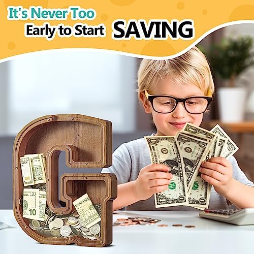 Summidate Customized Name Extra Large Wooden Piggy Bank for Kids Boys Girls Alphabets Letter A-Z Coins Bills Money Change Saving Box Clear Cover (Laser Engraved) Educational Toys 12"- Letter G
