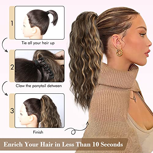 REECHO Highlight Ponytail Extension, 18 Inch Claw Multi Layered Clip on Ponytail Extension for Women Long Curly Hair Extensions Synthetic Hairpiece HP002 - Ash Brown with Platium Highlights