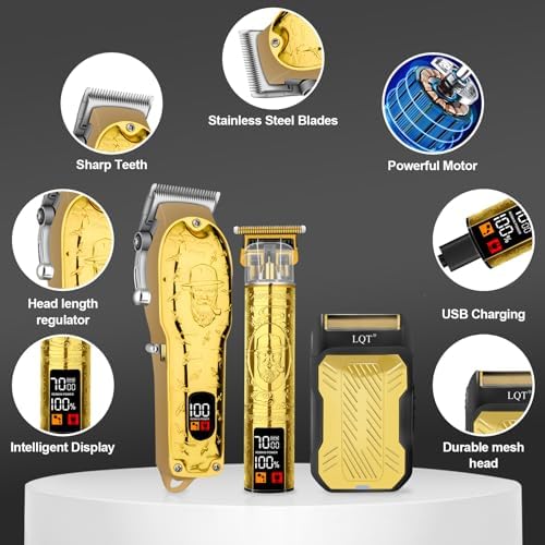 Professional Hair Clipper Set for Men Electric Shaver Razor Cordless Hair Cutting Barber Clippers Beard Trimmer Men’s Grooming Kit Gifts for him (Gold)