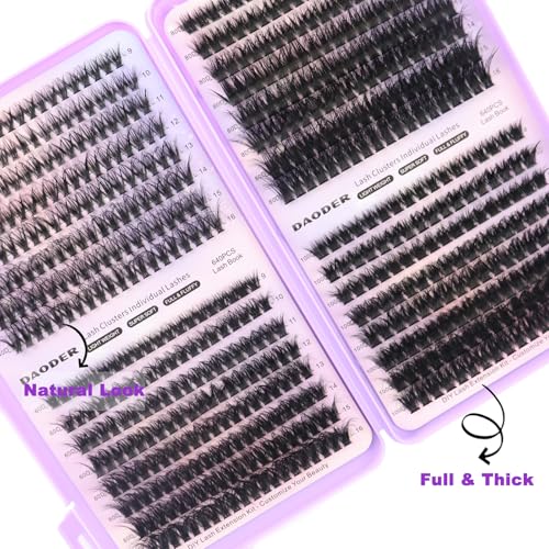 DAODER Fluffy Lash Clusters 40D+60D+80D+100D Mixed Thick Eyelash Cluster 640pcs Wispy Eyelash Extension Custers D Curl Volume Individual Lashes 9-16MM DIY Lash Extension(40D+60D+80D+100D 9-16MM)