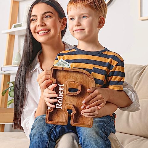 Summidate Customized Name Extra Large Wooden Piggy Bank for Kids Boys Girls Alphabets Letter A-Z Coins Bills Money Change Saving Box Clear Cover (Laser Engraved) Educational Toys 12"- Letter R