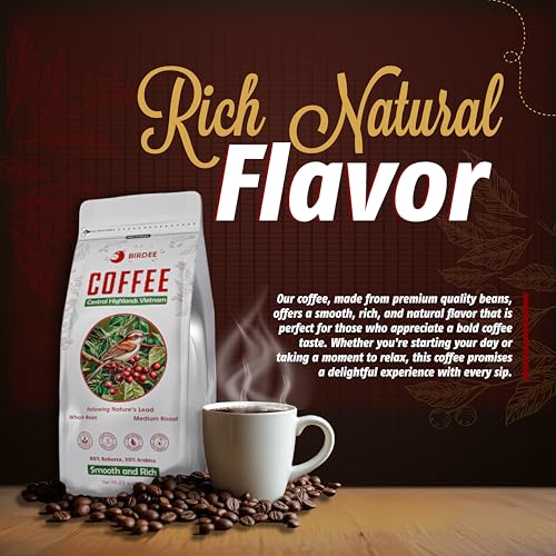Birdee Vietnamese Coffee – 2.2 LB, Medium Roast Whole Bean, Arabica and Robusta Blend, Hand-Picked, Resealable Bag, Smooth Flavor, Low Acid, High Caffeine, Single-Origin