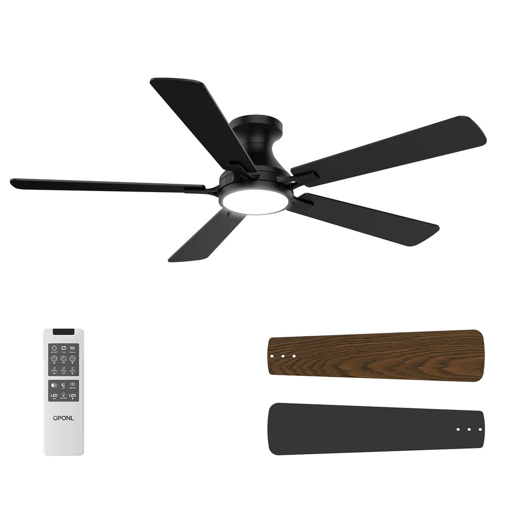 OPONL Ceiling Fan with Light, 52 inch Low Profile Ceiling fan with Light and Remote Control, Reversible, 6CCT, Dimmable, Noiseless, Black Ceiling Fan for Bedroom, Indoor/Outdoor Use, Modern