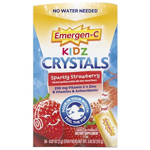 Emergen-C Kidz Crystals, On-the-Go Emergen-C Immune Support Supplement with Vitamin C, B Vitamins, Zinc and Manganese, Sparkly Strawberry, Stocking Stuffer - 56 Stick Packs