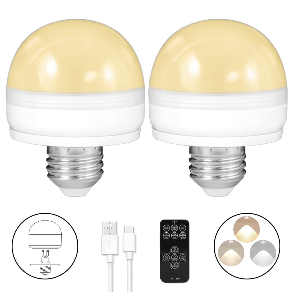 BLUEYE Rechargeable Light Bulbs,2Pack,10W,Remote Control,Soft Warm 2700K-6000K,50W Equivalent,450Lumens,E26 Detachable Charging,Battery Operated Emergency Lamp for No Outlet