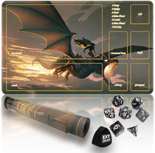 MTG Playmat TCG Playmat -Includes Storage Tube and 7 Dice-Experience Top-Tier Quality and Edge-Locking Waterproof and Non-Slip Mat! (playmat with Zones, 2-Dragon)